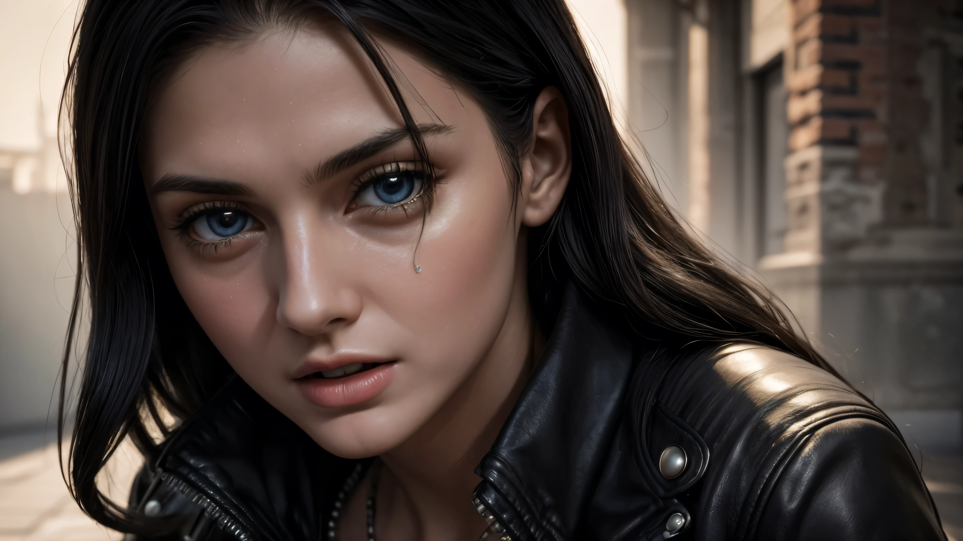 masterpiece, best quality, extremely detailed, hyperrealistic:1.1, photorealistic, a beautiful 20s russian model, ultra detailed face:1.1, black leather jacket, medium hair, black hair, crying:1.2, tear:1.2, screaming:1.2, open mouth, white brick
