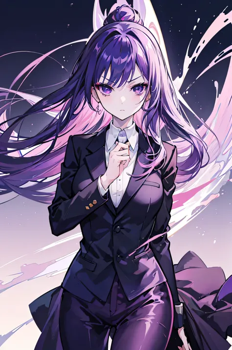 anime girl, dark purple hair, purple eyes with pink, pale skin, serious expression, wearing a formal suit, elegant makeup, big b...