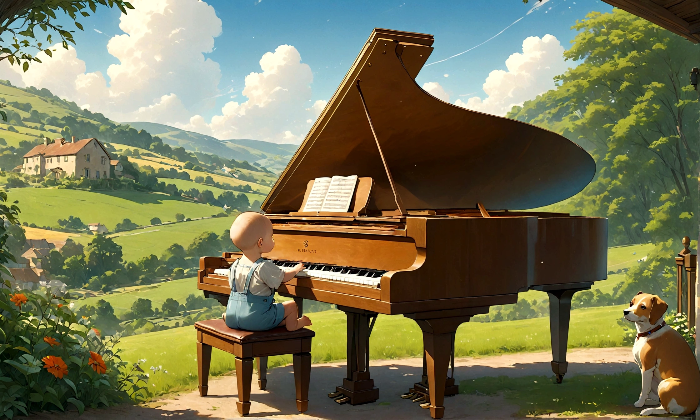 Create an image in a Studio Ghibli-inspired style featuring a dog sitting on a chair and playing a grand piano in a picturesque countryside setting. A human baby is nearby, listening to the music and visibly relaxing. The scene should include charming rural elements such as rolling hills, a clear blue sky, and lush greenery, capturing the essence of a peaceful and idyllic countryside. The overall atmosphere should be whimsical and serene, reflecting a moment of happiness and tranquility.