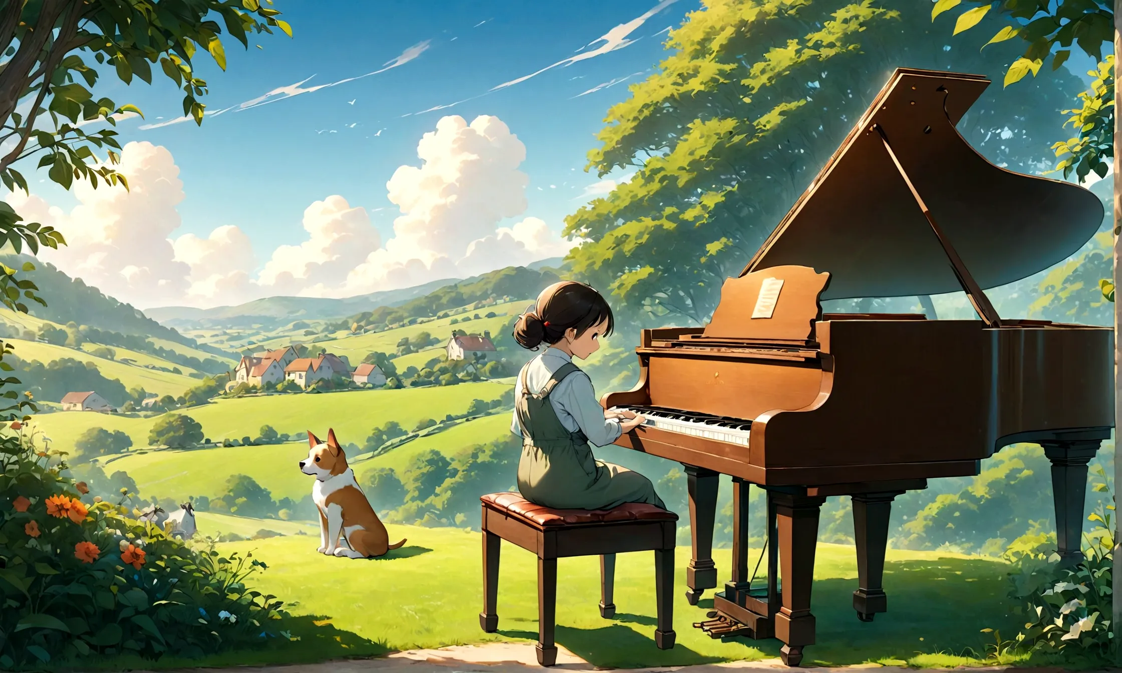 create an image in a studio ghibli-inspired style featuring a dog sitting on a chair and playing a grand piano in a picturesque ...