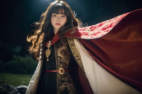 Japanese girl , 16 year old ,(middle hair, brown hair, fringe) ,black and white dress and red cape, wearing a noblewoman's outfi...