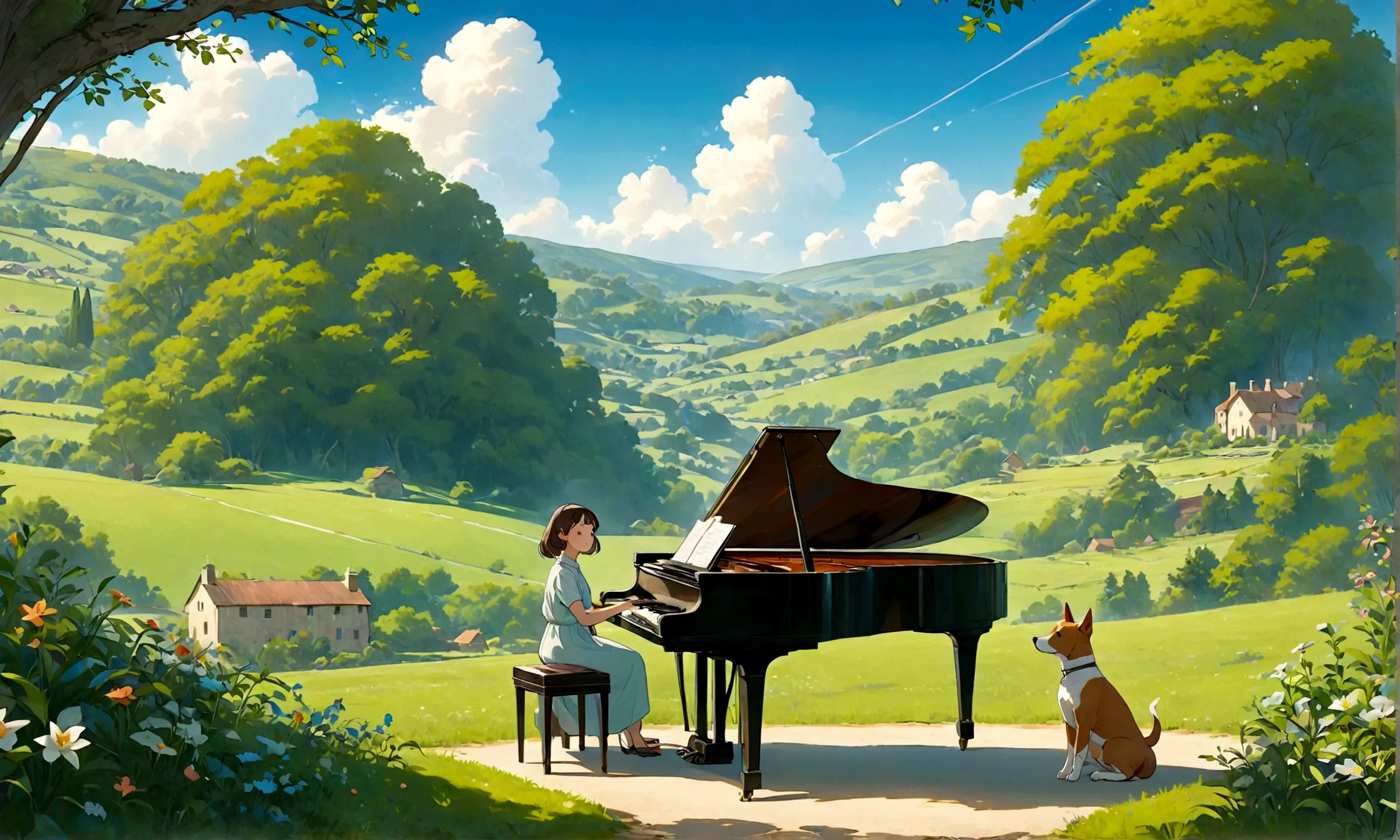 create an image in a studio ghibli-inspired style featuring a dog sitting on a chair and playing a grand piano in a beautiful co...