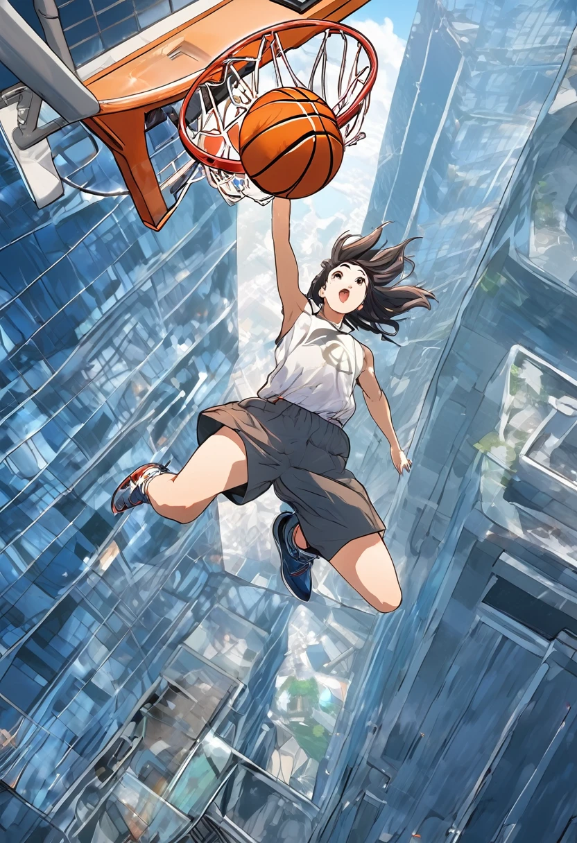 (chef-d&#39;œuvre), (la plus haute qualité),Style animé、Une joueuse de basketball féminine saute du sol pour dunker sur un panier situé au dernier étage d'un gratte-ciel、composition vue directement du dessus、Une petite vue de la ville ci-dessous