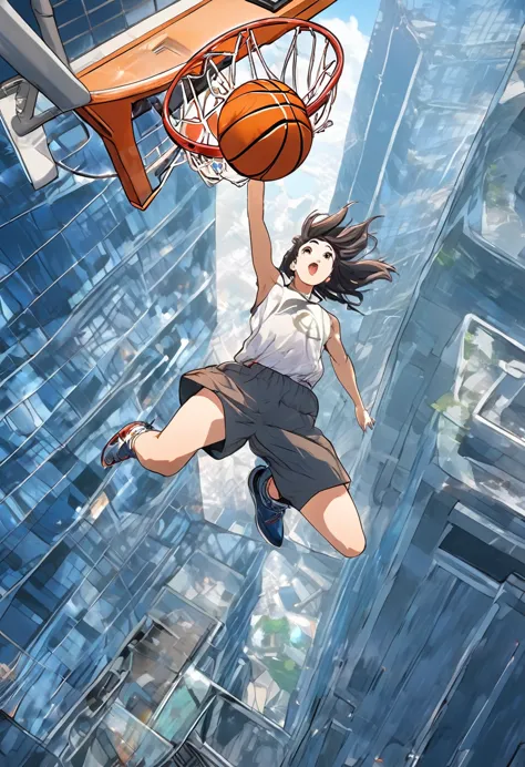 (masterpiece), (highest quality),Anime Style、A female basketball player jumps from the ground to dunk on a basketball goal on th...