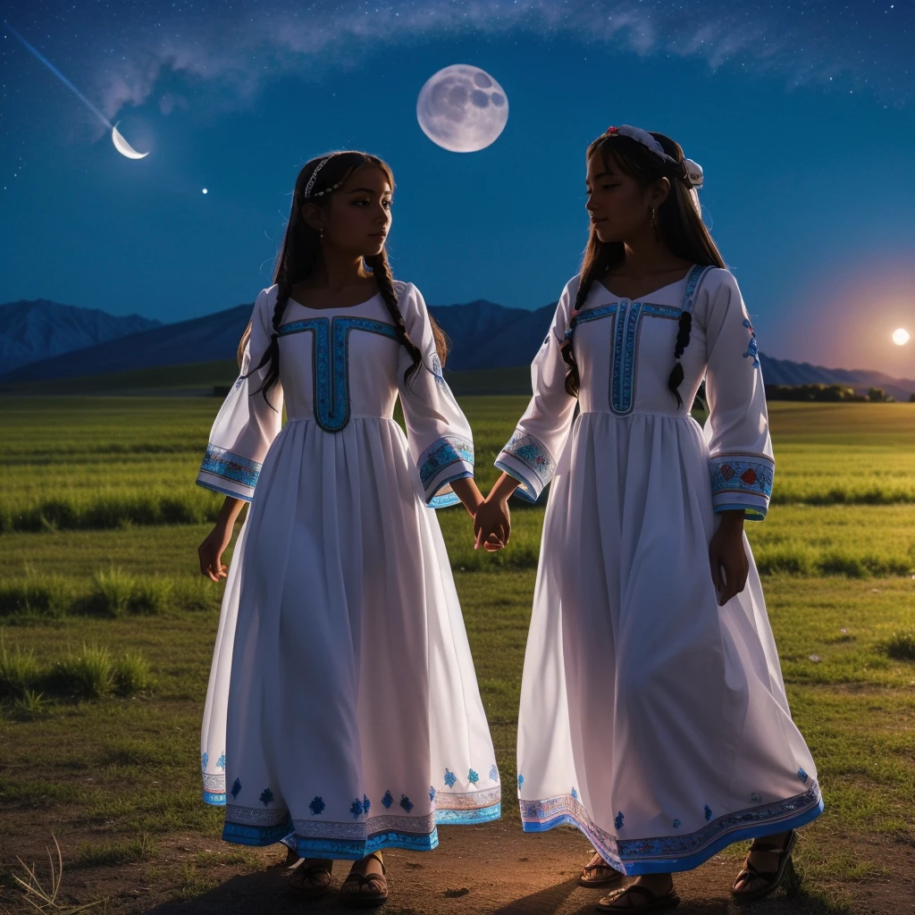 Highest quality、high quality、10 years old、Brightly embroidered ethnic costumes from Central Asia and the Caspian Sea region、Girl of the bride、Moonlit Grassland、moonlight、Long dress