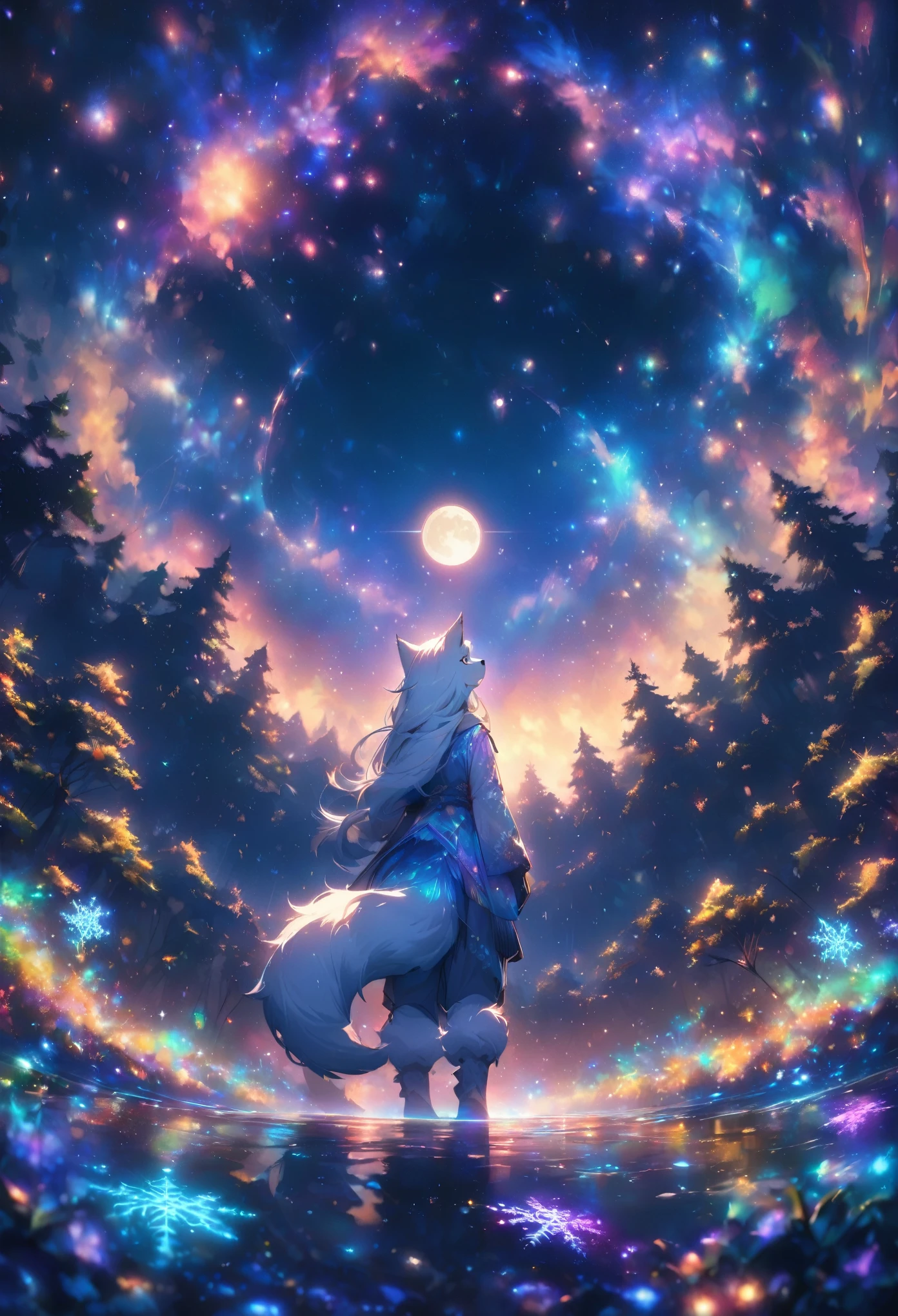 expansive landscape photography (a view from below showing the sky above and an open forest below), woman standing on a paved path looking at the landscape, wolf woman, full fur, white fur (particle of light around the wolf woman), full tail, white hair (long and bushy), heated outfit (made of high quality fur and embroidery), night setting, (full moon: 1.2), (shooting stars: 0.9 ), (nebula: 1.3), (warm light source: 1.2), (Firefly: 1.2), (snowflake: 1.0), (snow on tree) (masterpiece: 1.2), (best quality) , 4k, ultra detailed, (dynamic composition: 1.4), very detailed and colorful details, (iridescent colors: 1.2), (vivid lighting, ambient lighting), dreamy, magical, (alone: ​​1.2)