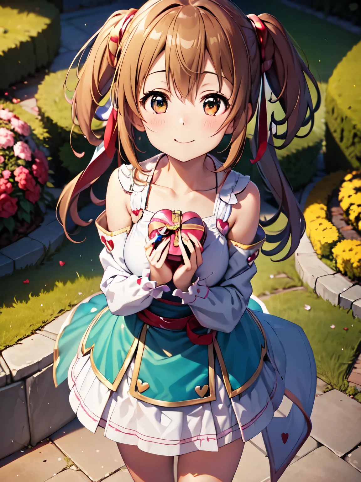 High resolution, highest quality, super high quality,3D Images,silica、Standing、garden, (holding a heart-shaped box in hand), giftを持参する, Give it to you_gift, (Anime Girls), cute Anime Girls, Girl in Love, Absolute reference to center、Outstretched hands holding a gift