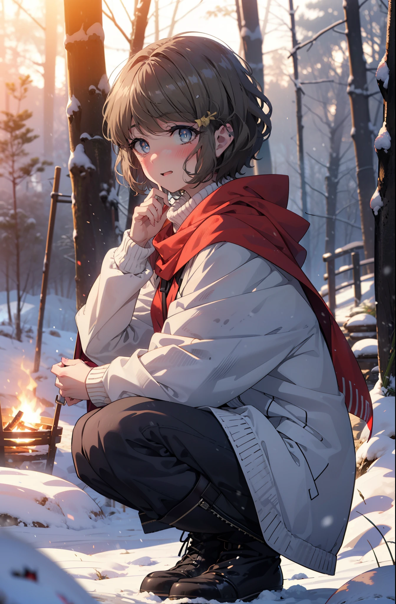 tomoekoga, Chie Koga, short hair, Brown Hair, blue eyes, hair band,smile,blush,White Breath,Center of chest,
Open your mouth,snow,Ground bonfire, Outdoor, boots, snowing, From the side, wood, suitcase, Cape, Blurred, having meal, forest, White handbag, nature,  Squat, Mouth closed, Cape, winter, Written boundary depth, Black shoes, red Cape break looking at viewer, Upper Body, whole body, break Outdoor, forest, nature, break (masterpiece:1.2), highest quality, High resolution, unity 8k wallpaper, (shape:0.8), (Beautiful and beautiful eyes:1.6), Highly detailed face, Perfect lighting, Highly detailed CG, (Perfect hands, Perfect Anatomy),