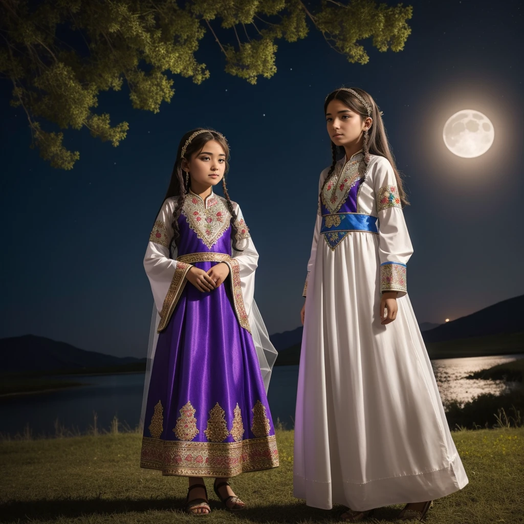 Highest quality、high quality、10 years old、Brightly embroidered ethnic costumes from Central Asia and the Caspian Sea region、Girl of the bride、Moonlit Grassland、moonlight、Long dress