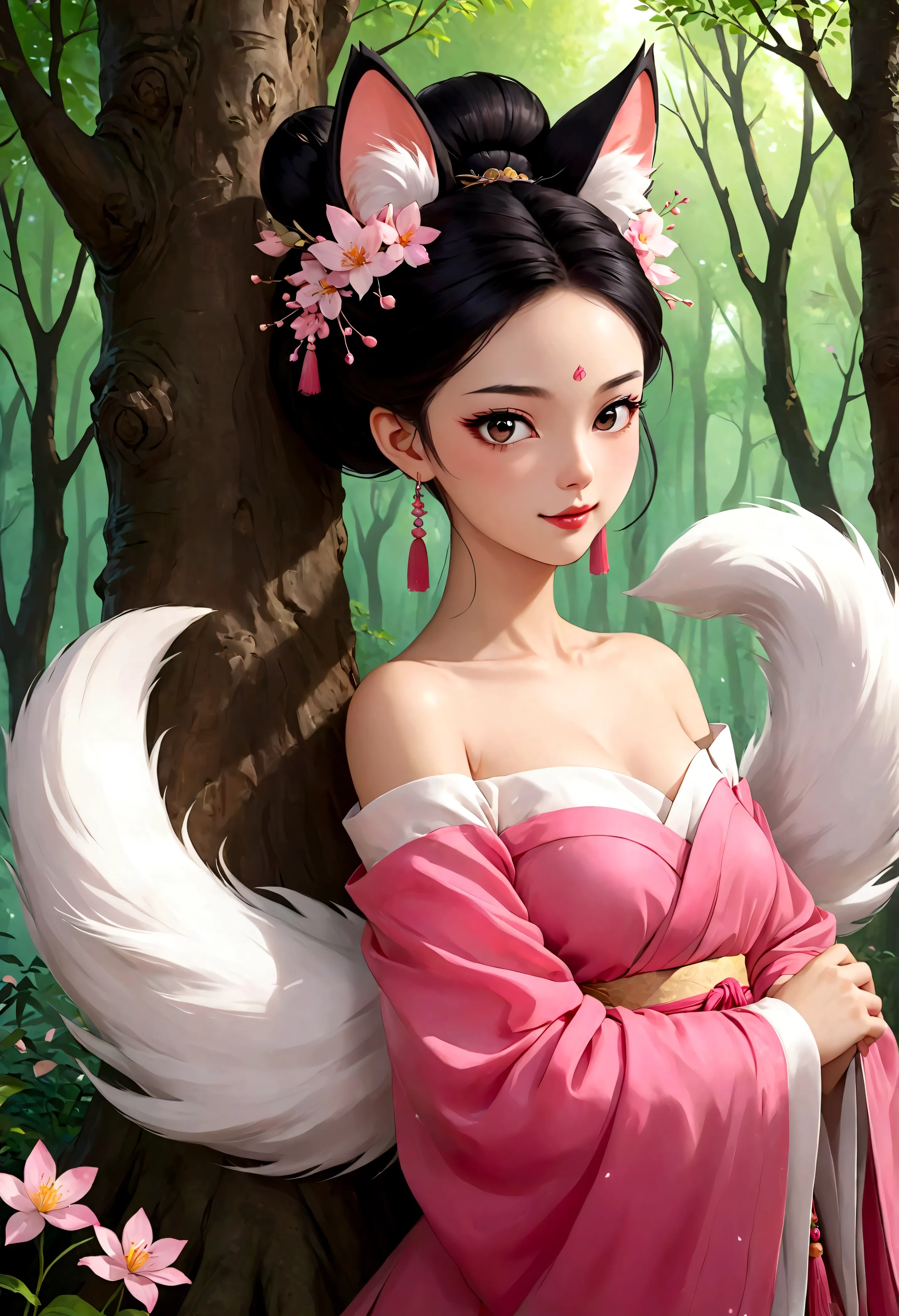 the nine-tailed fox hiding behind a tree，beautiful face，beautiful eyes，laughing out loud，fangs，big fluffy tail，black high bun，fo...