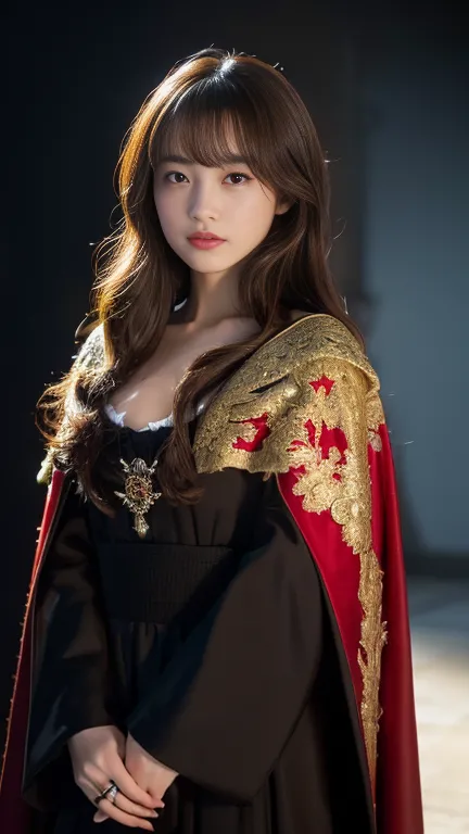 Japanese girl , 16 year old ,(middle hair, brown hair, fringe) ,black and white dress and red cape, wearing a noblewoman's outfi...