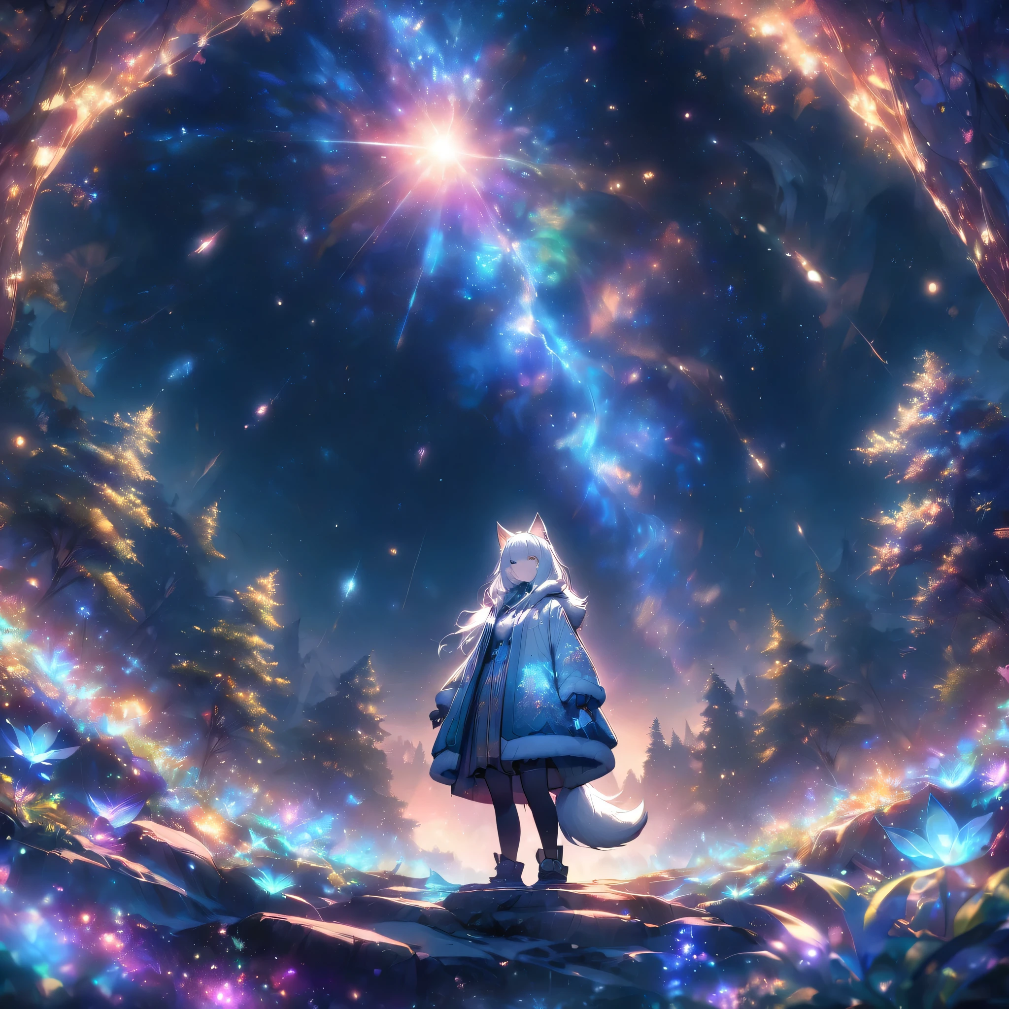 expansive landscape photography (a view from below showing the sky above and an open forest below), woman standing on a paved path looking at the landscape, wolf woman, full fur, white fur (particle of light around the wolf woman), full tail, white hair (long and bushy), heated outfit (made of high quality fur and embroidery), night setting, (full moon: 1.2), (shooting stars: 0.9 ), (nebula: 1.3), (warm light source: 1.2), (Firefly: 1.2), (snowflake: 1.0), (snow on tree) (masterpiece: 1.2), (best quality) , 4k, ultra detailed, (dynamic composition: 1.4), very detailed and colorful details, (iridescent colors: 1.2), (vivid lighting, ambient lighting), dreamy, magical, (alone: ​​1.2)