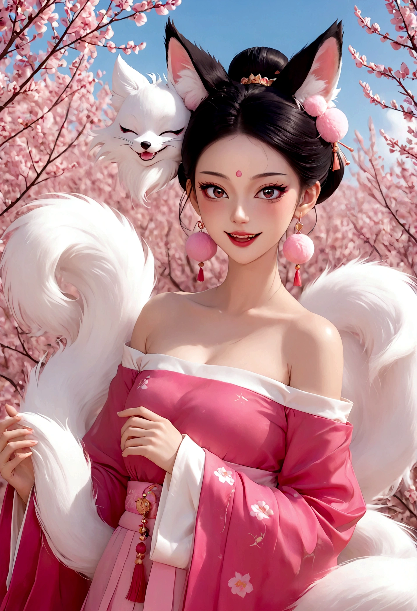 Nine-tailed fox demon，Beautiful face，beautiful eyes，laughing out loud，Fangs，Big fluffy tail，Black high bun，Forehead hair，Pink pompom earrings，Pink off-shoulder Hanfu，Spells，Petals in the sky，dreamlike