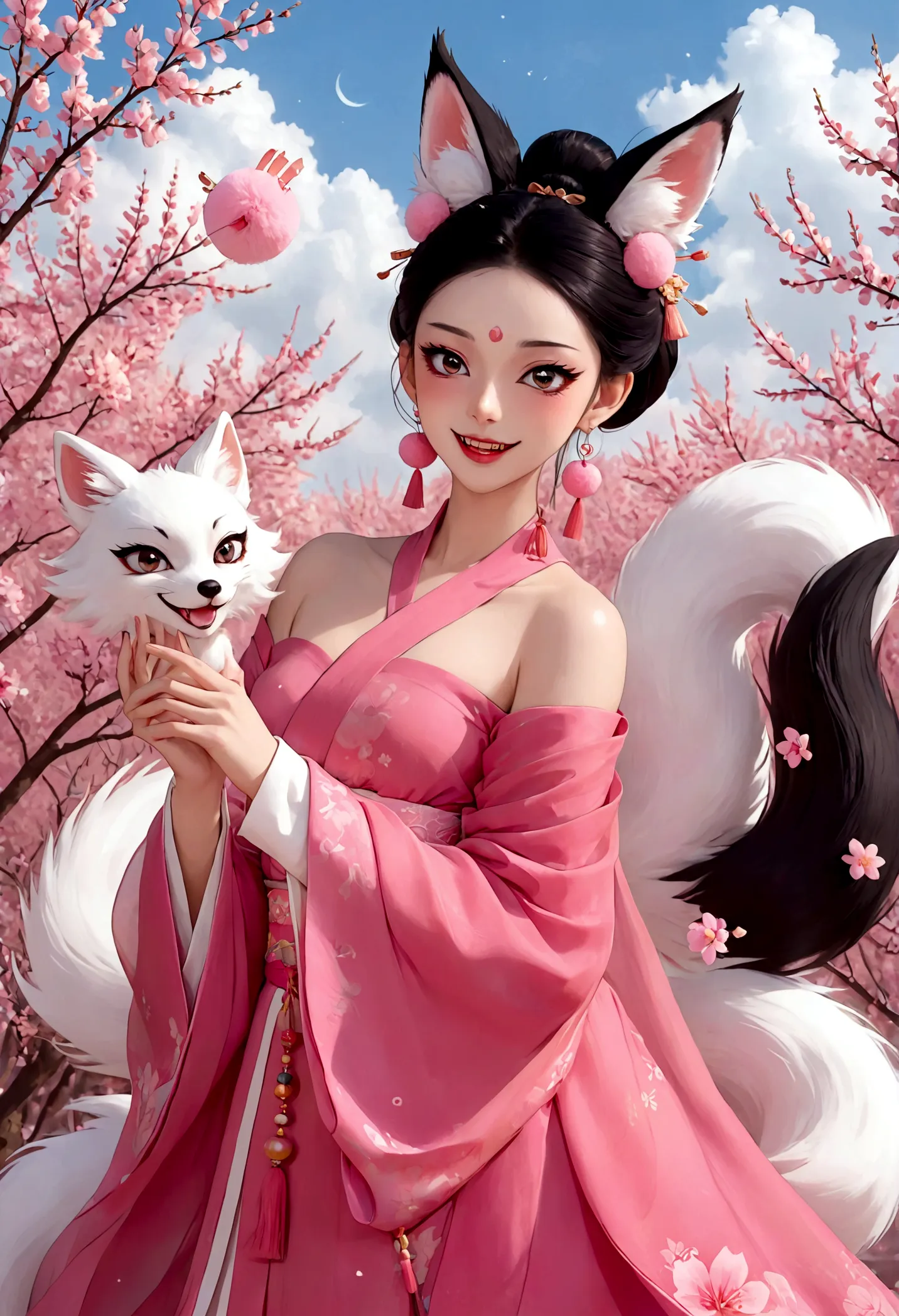 nine-tailed fox demon，beautiful face，beautiful eyes，laughing out loud，fangs，big fluffy tail，black high bun，forehead hair，pink po...