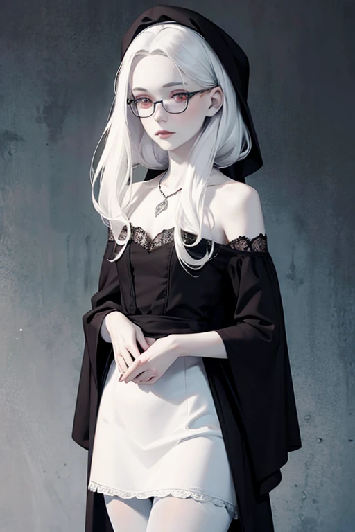 Cute 18 yo (albino:1.4)woman of Slavic descent.(short:1.1), , long white hair, gray eyes, ((very pale:1.4)). Innocent look. Gentle spirit.(virgin), Eyeglasses, (black lace dress), necklace, ((black pantyhose)), (black Mary Janes with straps).(joy)