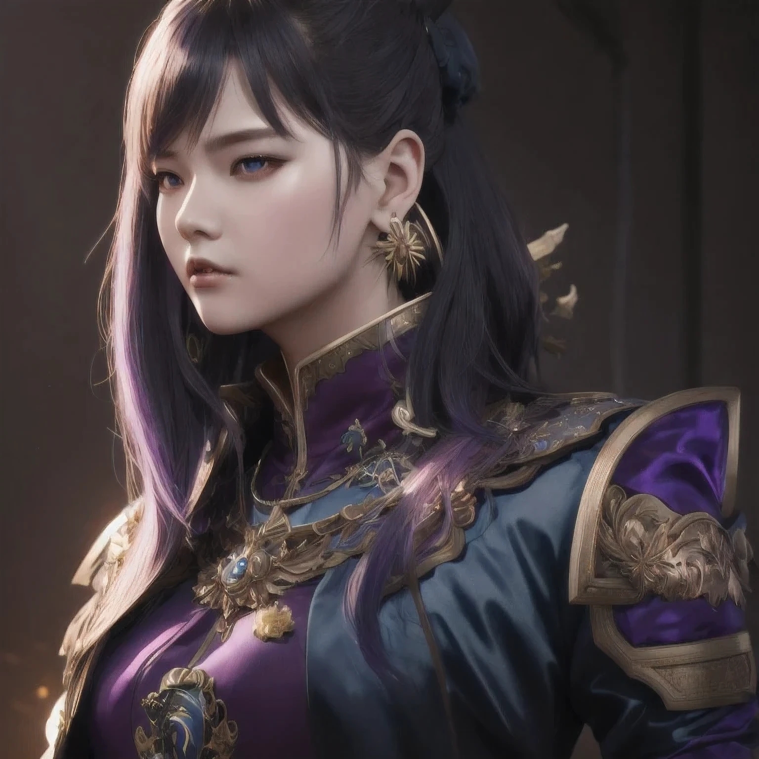 (((Disgusted look)))there is a 18 years old in a purple dress holding a dragon, wlop and ross tran, ross tran 8 k, fantasy art style, chengwei pan on artstation, a beautiful fantasy empress, ross tran and wlop, ruan jia and artgerm, the dragon girl portrait, ig model | artgerm, artgerm and ruan jia，beautiful 1girl bangs blue eyes closed mouth ear piercing earrings grey background hair ornament jewelry lips looking at viewer military military uniform nose piercing portrait realistic short hair simple background solo upper body