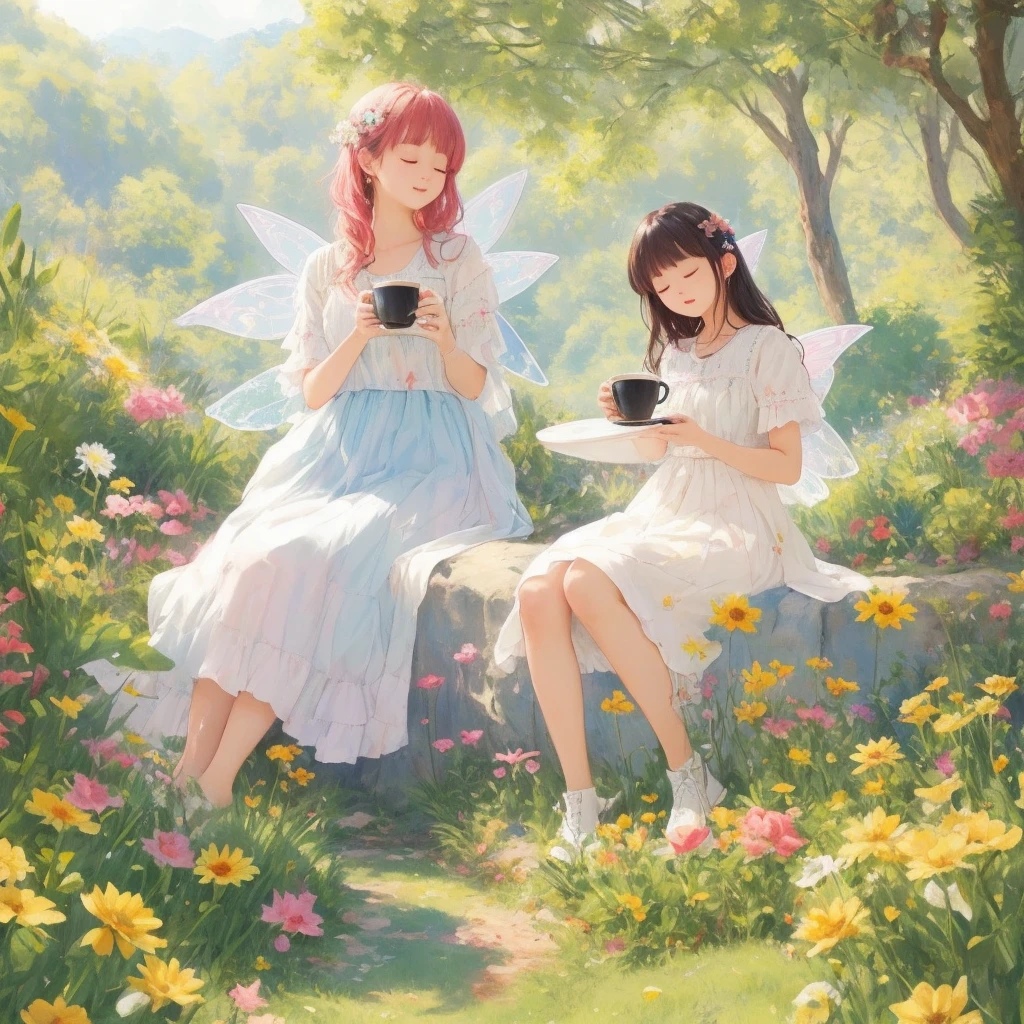 Super detailed、highest quality、最高masterpiece、The best composition、Dynamic composition、super huge coffee cup、Little fairy、sitting on the edge of a coffee cup、highest quality、masterpiece、Official Art、16ｋ、so beautiful、Very detailed、Ultra-fine、Confused、A warm, pastel-colored world、Cute and fluffy、Close your eyes and take a nap.、