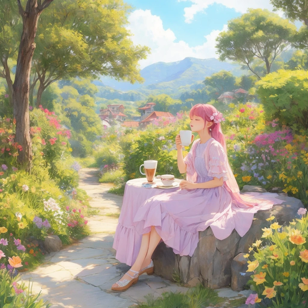 Super detailed、highest quality、最高masterpiece、The best composition、Dynamic composition、super huge coffee cup、Little fairy、sitting on the edge of a coffee cup、highest quality、masterpiece、Official Art、16ｋ、so beautiful、Very detailed、Ultra-fine、Confused、A warm, pastel-colored world、Cute and fluffy、Close your eyes and take a nap.、