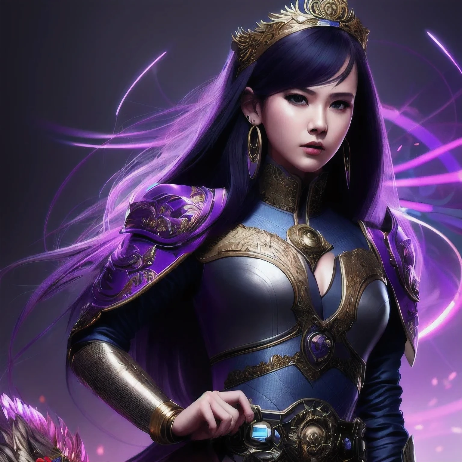 (((Disgusted look)))there is a 18 years old in a purple dress holding a dragon, wlop and ross tran, ross tran 8 k, fantasy art style, chengwei pan on artstation, a beautiful fantasy empress, ross tran and wlop, ruan jia and artgerm, the dragon girl portrait, ig model | artgerm, artgerm and ruan jia，beautiful 1girl bangs blue eyes closed mouth ear piercing earrings grey background hair ornament jewelry lips looking at viewer military military uniform nose piercing portrait realistic short hair simple background solo upper body