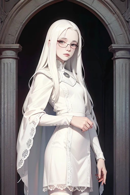 Cute 18 yo (albino:1.4)woman of Slavic descent.(short:1.1), , long white hair, gray eyes, ((very pale:1.4)). Innocent look. Gentle spirit.(virgin), Eyeglasses, (black lace dress), necklace, ((black pantyhose)), (black Mary Janes with straps).(joy)