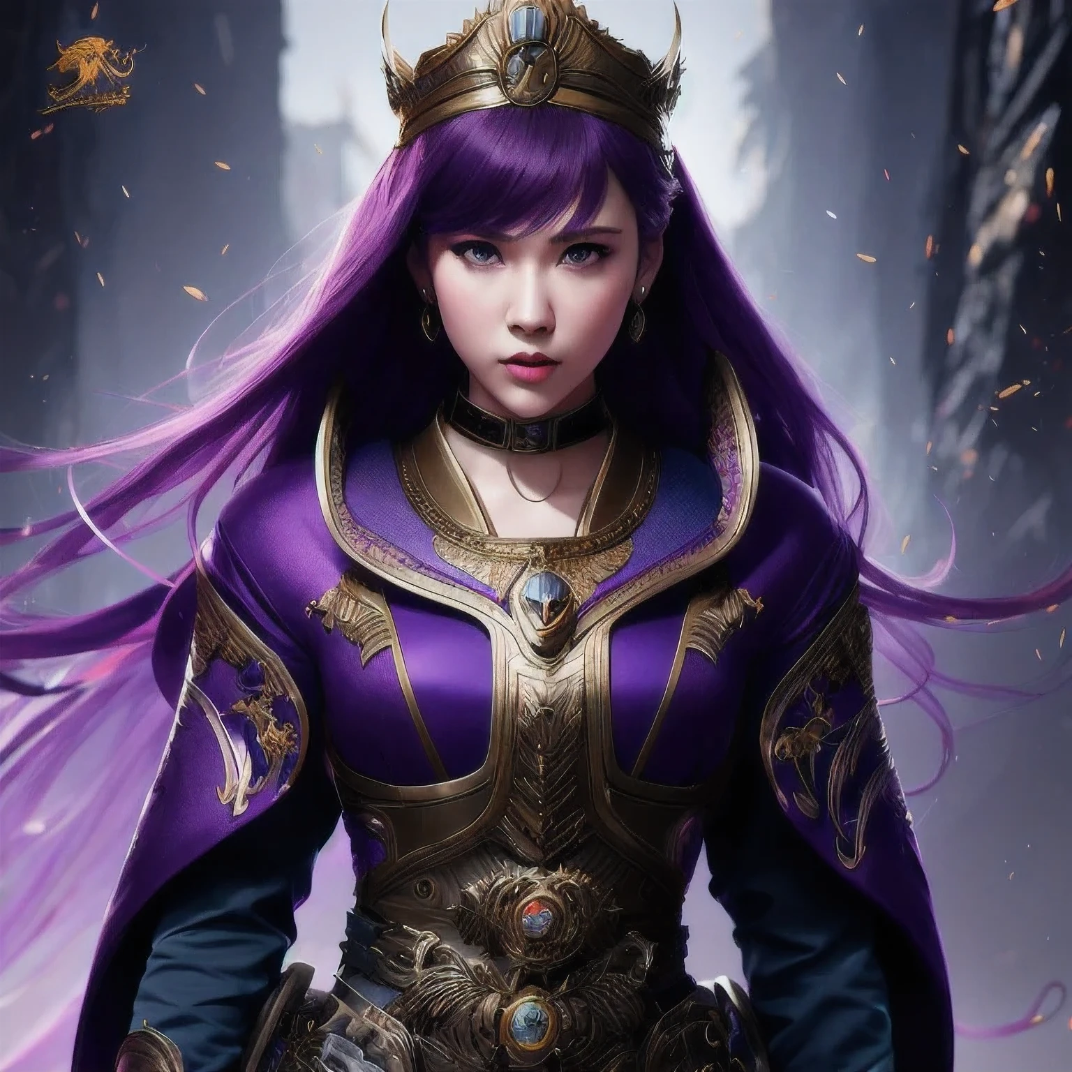 (((Disgusted look)))there is a 18 years old in a purple dress holding a dragon, wlop and ross tran, ross tran 8 k, fantasy art style, chengwei pan on artstation, a beautiful fantasy empress, ross tran and wlop, ruan jia and artgerm, the dragon girl portrait, ig model | artgerm, artgerm and ruan jia，beautiful 1girl bangs blue eyes closed mouth ear piercing earrings grey background hair ornament jewelry lips looking at viewer military military uniform nose piercing portrait realistic short hair simple background solo upper body