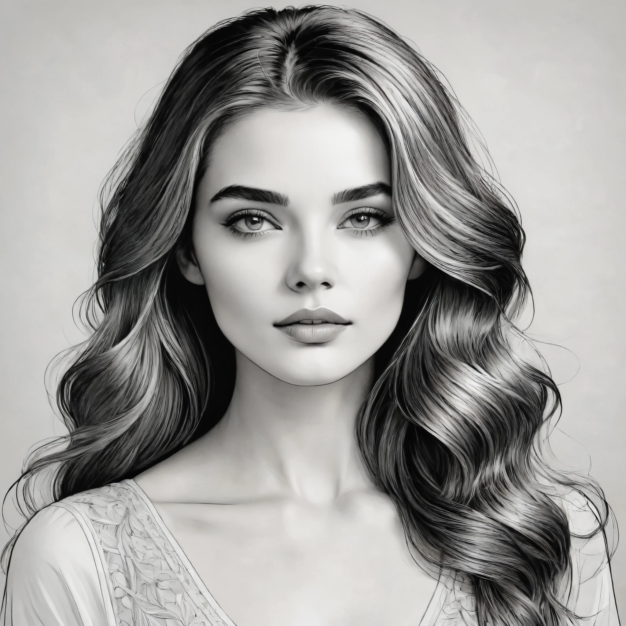 a line art portrait of a young woman, detailed facial features, beautiful eyes, delicate lips, long flowing hair, soft shadows, minimalist style, black and white, high contrast, intricate linework, elegant, serene, detailed, intricate, masterpiece
