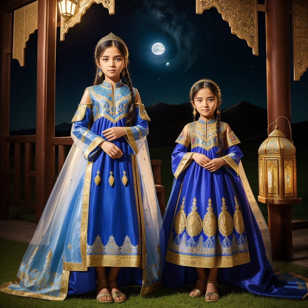 Highest quality、high quality、10 years old、Brightly embroidered ethnic costumes from Central Asia and the Caspian Sea region、Girl of the bride、Moonlit Grassland、moonlight、Long dress