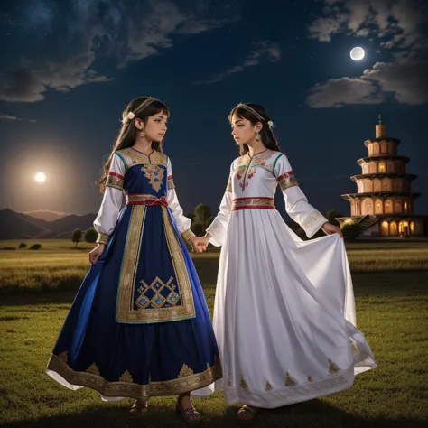 Highest quality、high quality、10 years old、Brightly embroidered ethnic costumes from Central Asia and the Caspian Sea region、Girl...