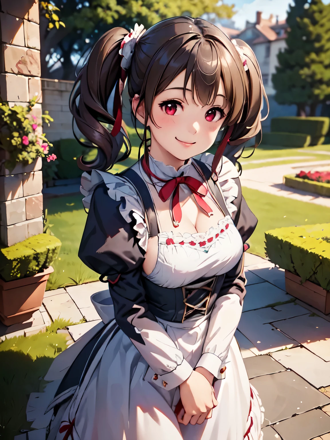 outdoor、garden、silica、victorian maid outfit、Twin tails、Red eyes、(Real、Photorealistic、Photorealistic:1.30)、HDR、UHD、Ultra-fine painting、Sharp Focus、Physically Based Rendering、Cowboy Shot、smile