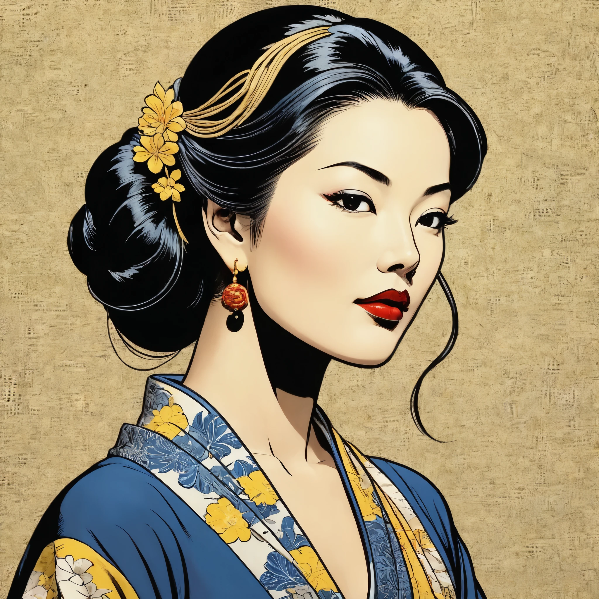 Visible full silhouette of a woman in a graceful pose with a serene and contemplative expression. The woman is a combination of nobility and serenity in some East Asian cultures. The woman's hair is long but tied up arranged in a traditional hairstyle. The hair accessories are elaborate, adding a sense of elegance and sophistication. Style by Roy Lichtenstein. Comic book art, perfect, smooth.