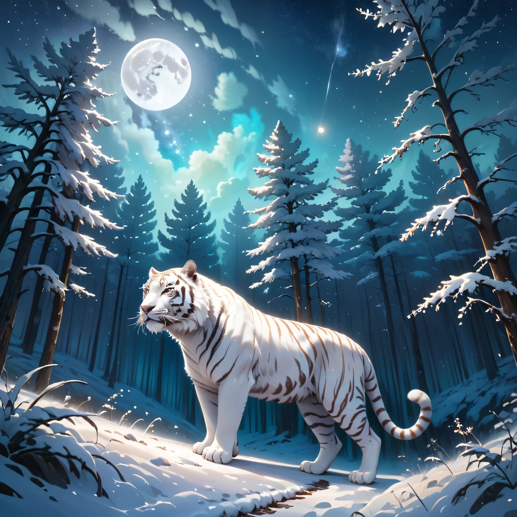 Extensa fotografia de paisagem (uma vista de baixo mostrando o céu acima e uma floresta aberta abaixo), um tigre branco em um caminho olhando a paisagem, tigre siberiano branco, pelo cheio, Pelo branco (partícula de luz ao redor do tigre), pele de tofu, cenário noturno, (lua cheia: 1.2), (estrelas cadentes: 0.9), (nebula: 1.3), (Fonte de luz quente: 1.2), (vaga-lume: 1.2), ( Floco de neve: 1.0), (neve na árvore) (obra de arte: 1.2), (melhor qualidade), 4K, ultra detalhado, (composição dinâmica: 1.4), Detalhes muito detalhados e coloridos, (cores iridescentes: 1 ,2), (iluminação brilhante, iluminação ambiente), sonhadores, mágico, (sozinho: ​​1,2)