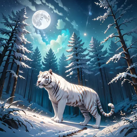extensive landscape photography (a view from below showing the sky above and an open forest below), a white tiger on a path look...