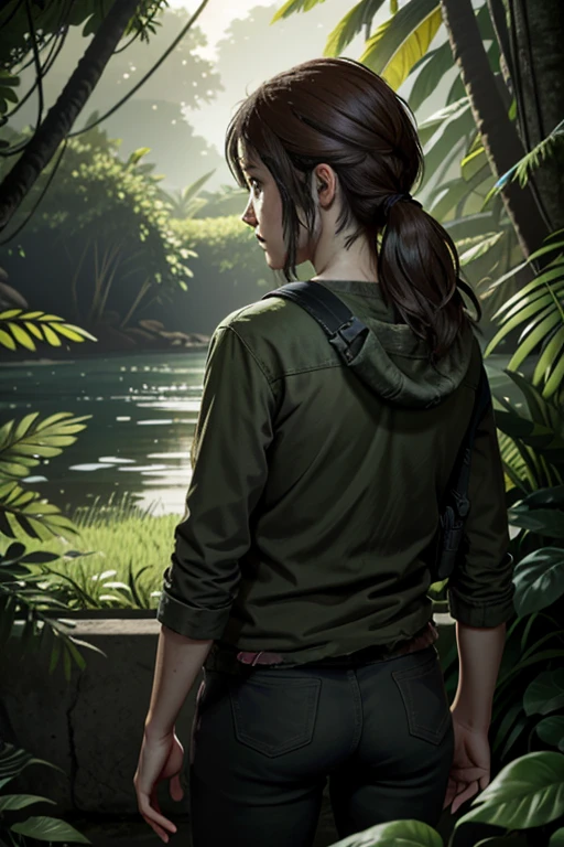 ((шедевр, Лучшее качество))
ТЛУЭлли, 1 девушка, Один, коричневые волосы, длинные волосы, зеленые глаза, в пышных джунглях с яркими цветами, сзади, оглядываясь назад