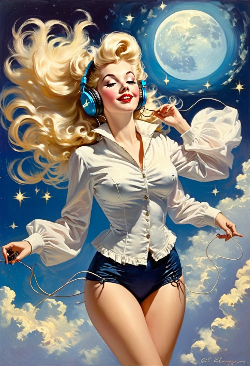 A Gil Elvgren pin-up style painting of a beautiful blonde woman with big messy hair,  floating in the clouds gracefully, wearing headphones, with moon light, twinkling stars and stardust, vibrant and colorful, full body shot