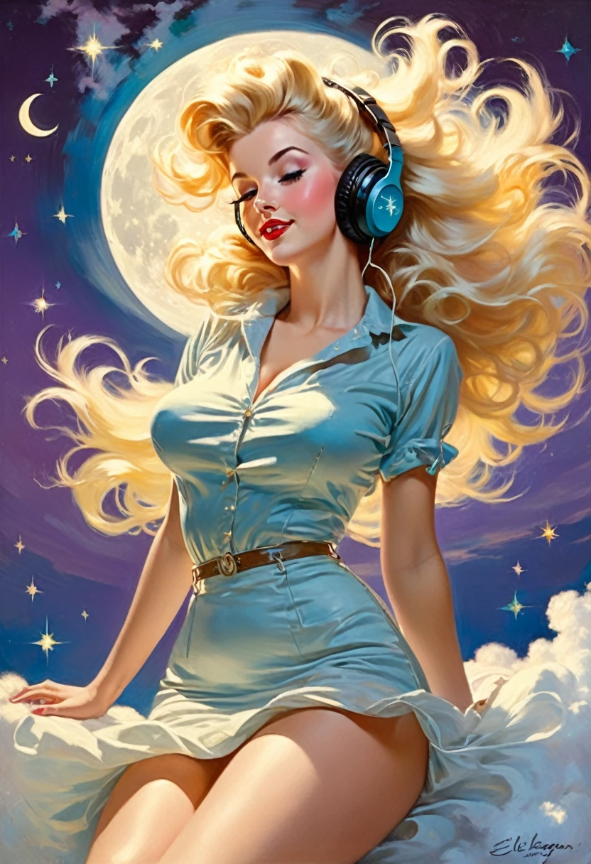 Una pintura estilo pin-up de Gil Elvgren de una hermosa mujer rubia con el pelo grande y desordenado.,  flotando en las nubes con gracia, usando auriculares, con luz de luna, estrellas titilantes y polvo de estrellas, vibrante y colorido, tiro de cuerpo completo