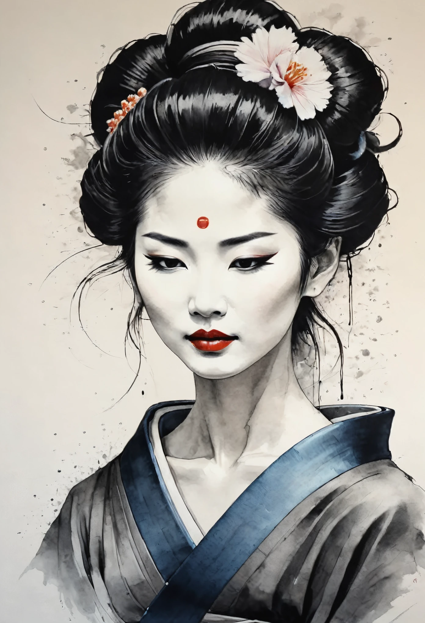 A minimalist ink draw painting, a close-up of a beautiful geisha emerges from the paper, defined by delicate, dripping lines of ink. Her serene yet fierce expression is captured with a few precise strokes, with the ink dripping gently to suggest depth and emotion.