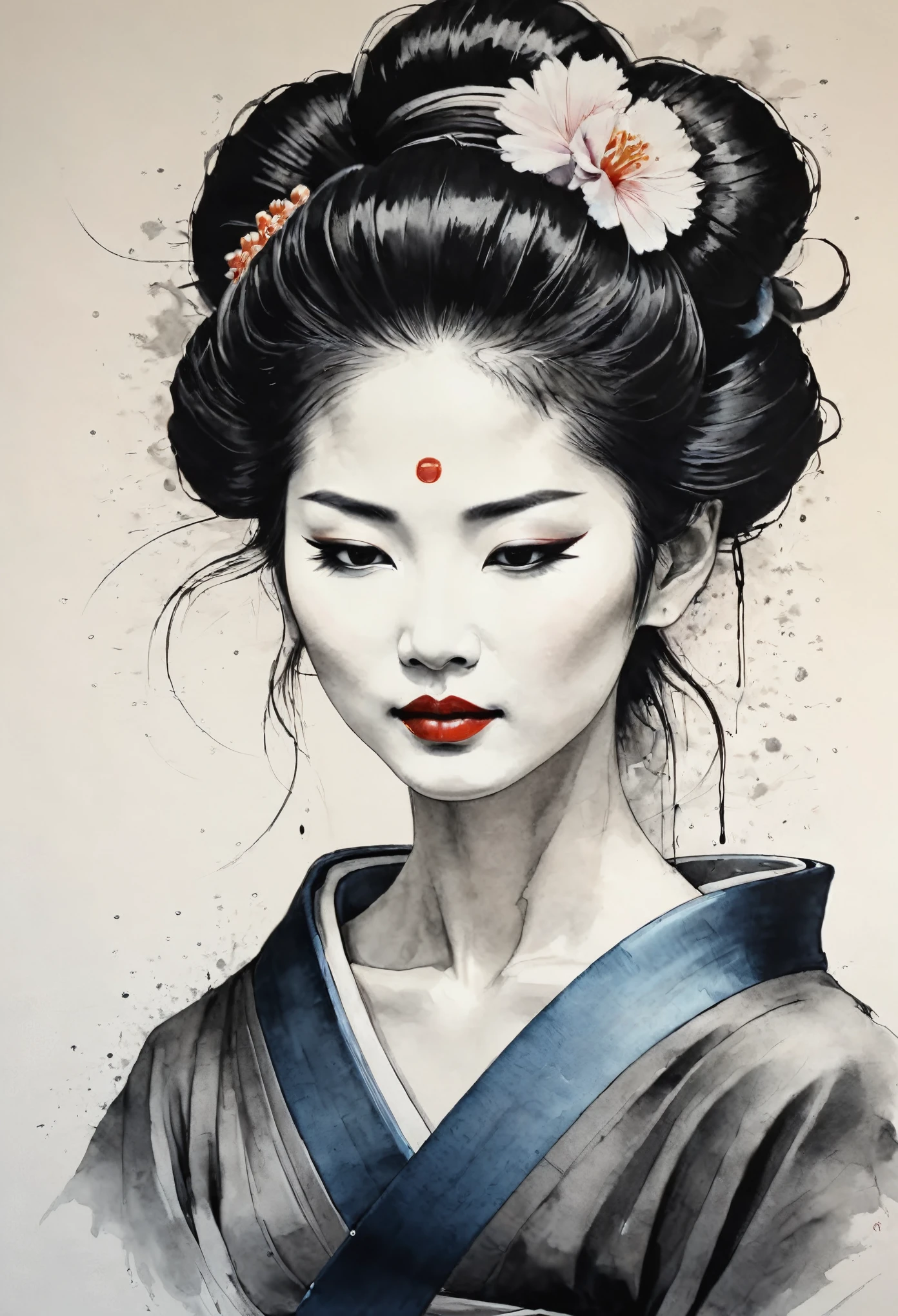 Una pintura minimalista dibujada con tinta., un primer plano de una hermosa geisha emerge del papel, definido por delicado, líneas goteando de tinta. Su expresión serena pero feroz se captura con unos pocos trazos precisos., con la tinta goteando suavemente para sugerir profundidad y emoción.