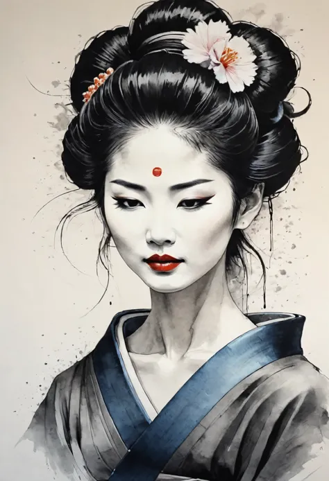 A minimalist ink draw painting, a close-up of a beautiful geisha emerges from the paper, defined by delicate, dripping lines of ...