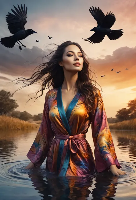 A beautiful woman in a colorful robe, bathing in a serene pond with crows surrounding her, mystical gribwind swirling in the bac...