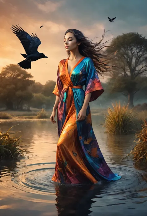 A beautiful woman in a colorful robe, bathing in a serene pond with crows surrounding her, mystical gribwind swirling in the bac...