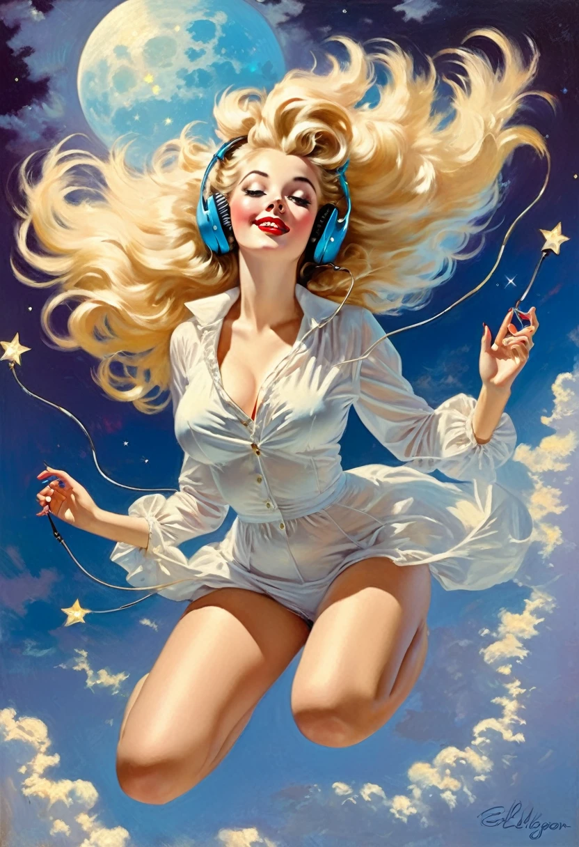 Una pintura estilo pin-up de Gil Elvgren de una hermosa mujer rubia con el pelo grande y desordenado.,  flotando en las nubes con gracia, usando auriculares, con luz de luna, estrellas titilantes y polvo de estrellas, vibrante y colorido, tiro de cuerpo completo