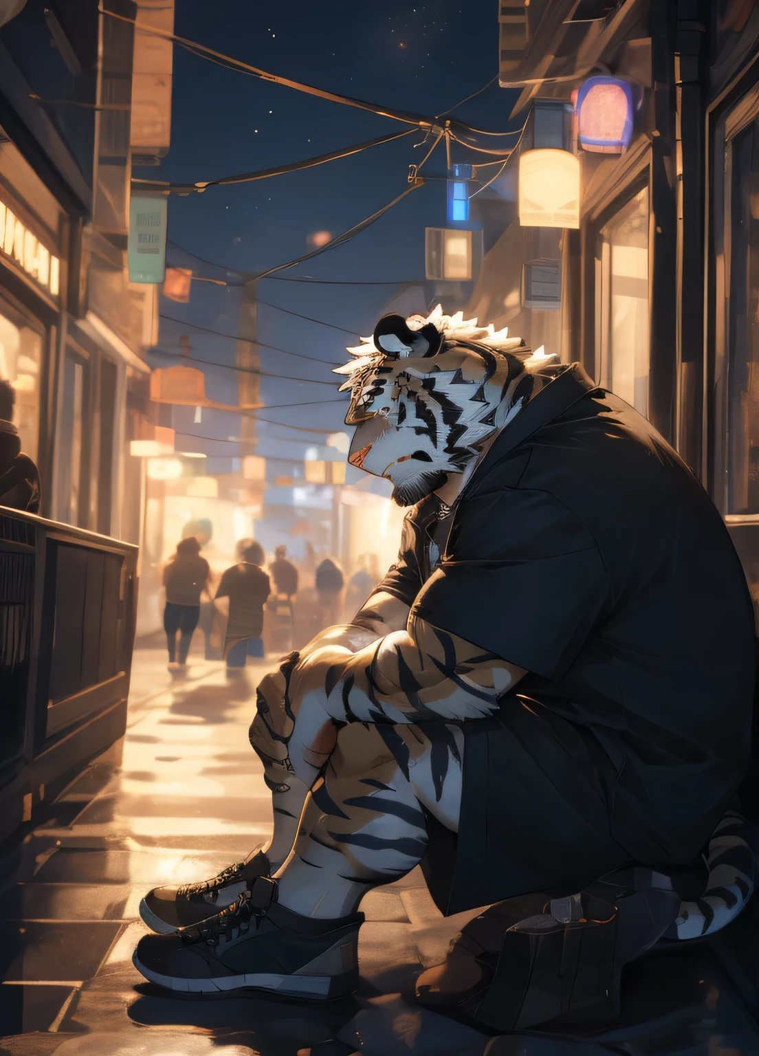 (masterpiece)，(Very detailed)，(best quality)，He is a white tiger orc，His body is strong and muscular，His golden eyes are beautiful and charming，The white fur on the body is pure and flawless，Unique blue tiger stripes in white fur，He sat on a bench on the street in a depressed mood，Nightfall，Some raindrops fell from the sky，But he just sat on a bench by the street with his knees hugged and cried silently，He was wearing baggy casual shorts and a short shirt.，The tiger&#39;s tail droops down，Shoes are sneakers