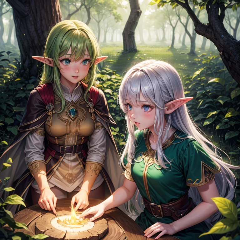 (8k, super details, award winning, high res), anime illustration, ((two elf girls)). One with long silver hair, green eyes. The other with short golden hair, blue eyes, in a green tunic. Set in a magical forest with glowing flowers and ancient trees.