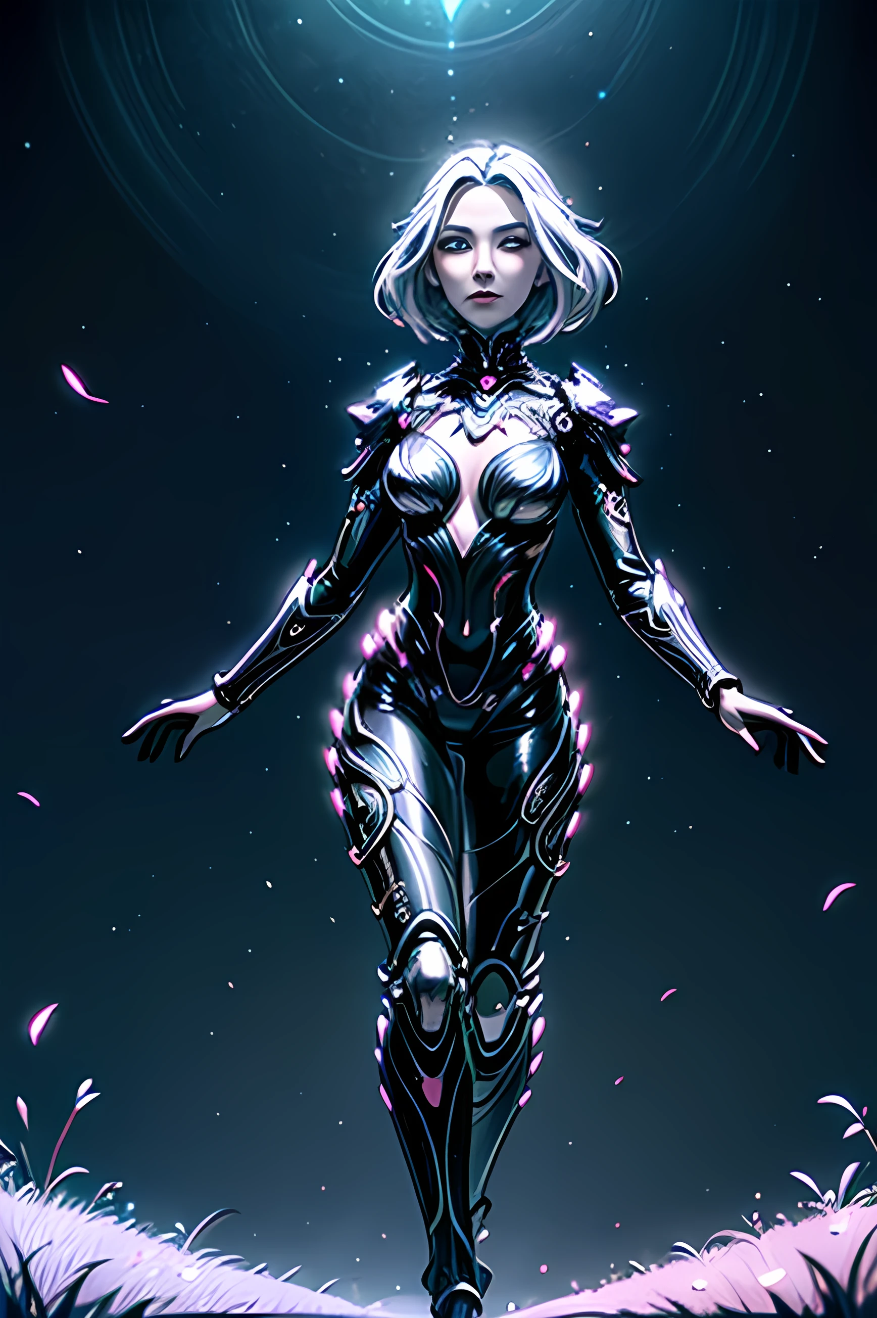 A beautiful woman is walking in the middle of a flowery grassland, she's offering her hand, growing like a biomechanical organism, pale pink, black and metallic silver,like a living organism, shining bright, dressed with symmetrical designs and arabesques, adorned with blue lights, masterpiece, highly detailed, 3d modelling, 4k resolution, abstract art, digital art, photographic