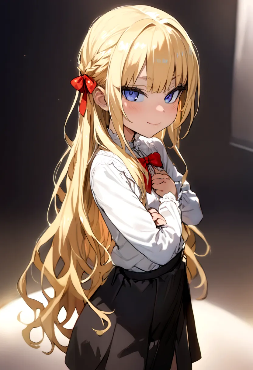 masterpiece, best quality, 1girl, solo, Loli, bangs, long hair, blonde hair, blue eyes, smug, smile, small breasts, white blouse...