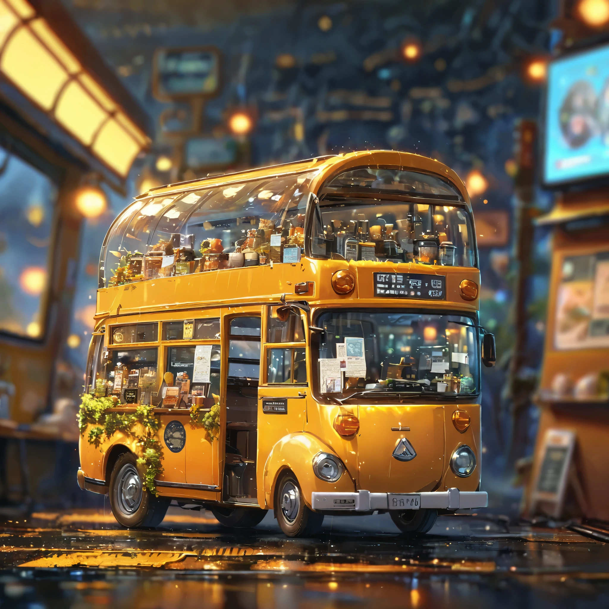 ((tilt-shift photography)), ((anime:1.4,illustration)),(masterpiece, top quality, best quality),(ultra-detailed, absolutely resolution),((16k, high res)), (((cafe in side of bus))), ((anime:1.4,illustration)),(masterpiece, top quality, best quality),(ultra-detailed, absolutely resolution),((16k, high res)). BREAK {lofi art, style of Laurie Greasley, style of Makoto Shinkai, anime aesthetic}, BREAK { (produces images with information than 40 million pixels with cinematic-like detailed textures shot on a Sony SLR).}