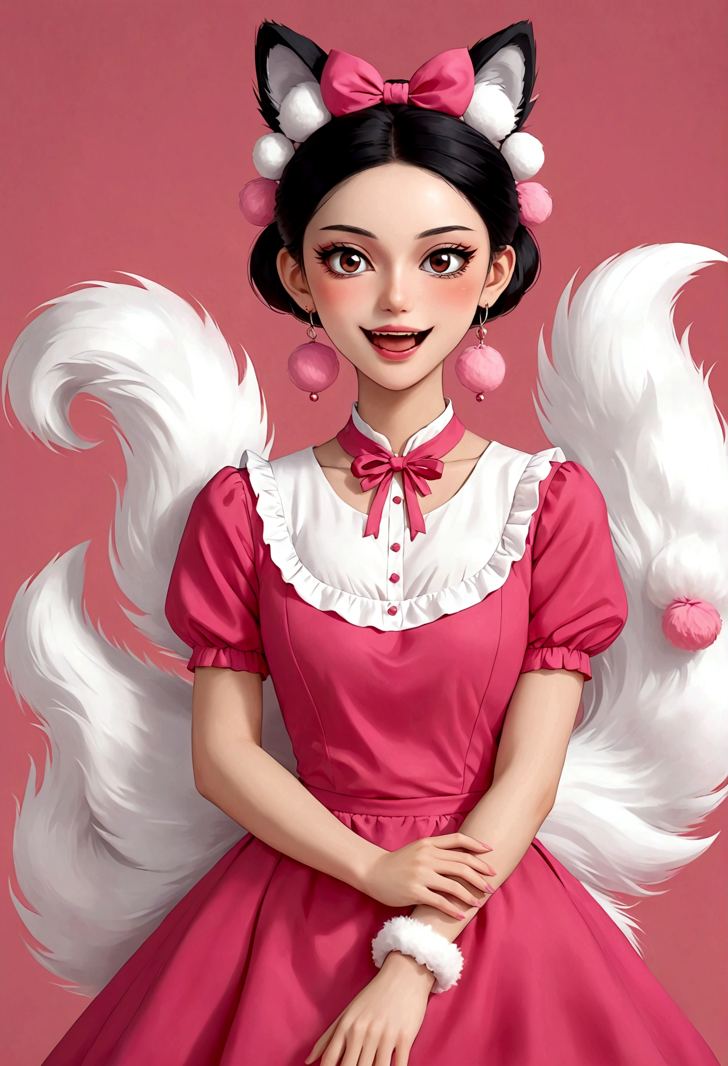 Beautiful face，beautiful eyes，Pink Eyeshadow，laughing out loud，Fangs，(((Big fluffy tail)))，Black high bun，Forehead hair，Pink pompom earrings，Pink maid outfit，Reach out，Spells，