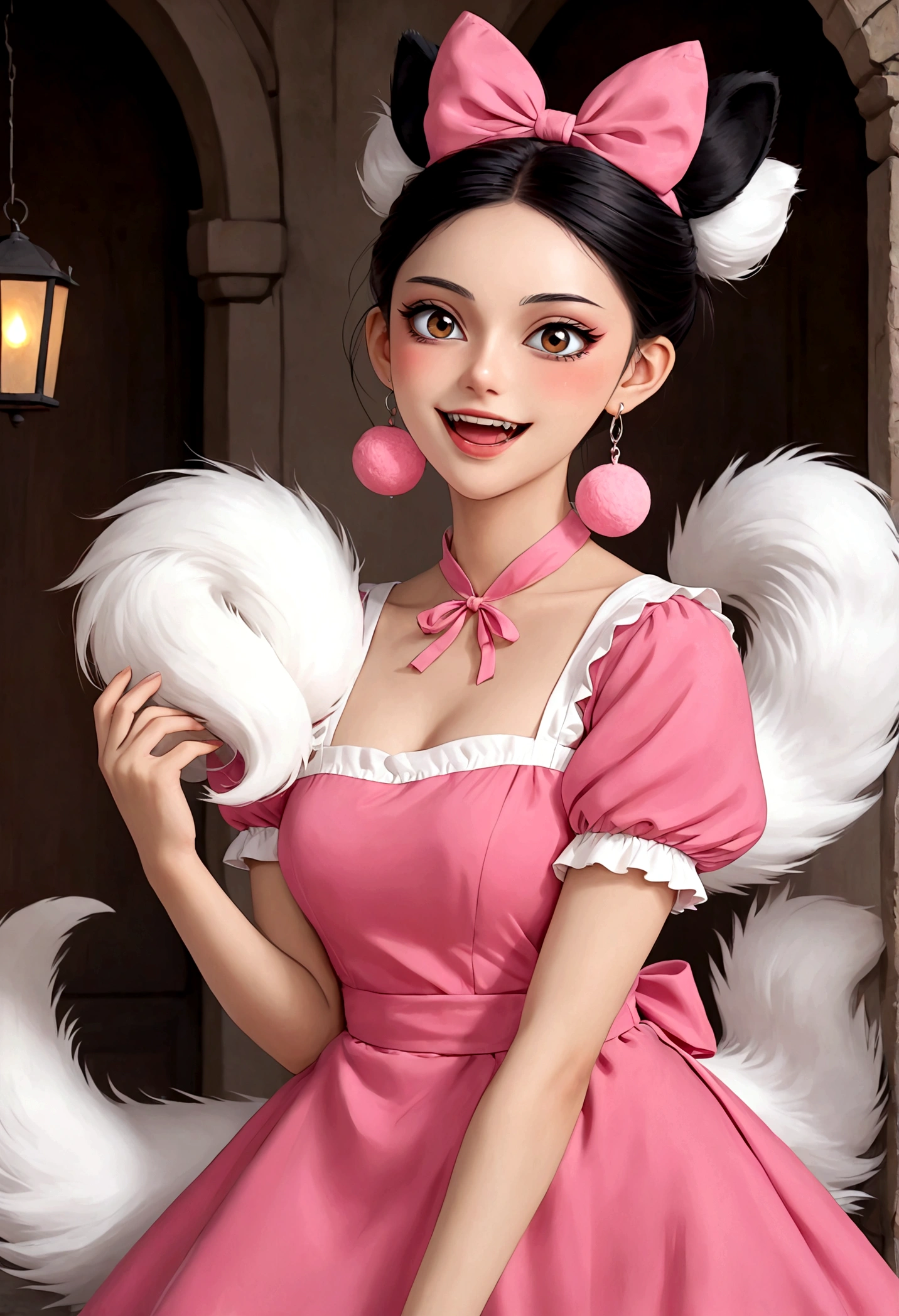 Beautiful face，beautiful eyes，Pink Eyeshadow，laughing out loud，Fangs，(((Big fluffy tail)))，Black high bun，Forehead hair，Pink pompom earrings，Pink maid outfit，Reach out，Spells，