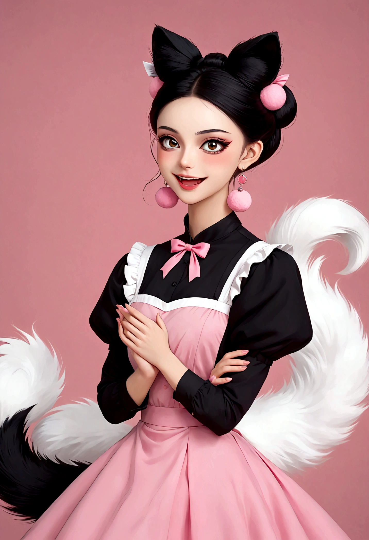 Beautiful face，beautiful eyes，Pink Eyeshadow，laughing out loud，Fangs，(((Big fluffy tail)))，Black high bun，Forehead hair，Pink pompom earrings，Pink maid outfit，Reach out，Spells，