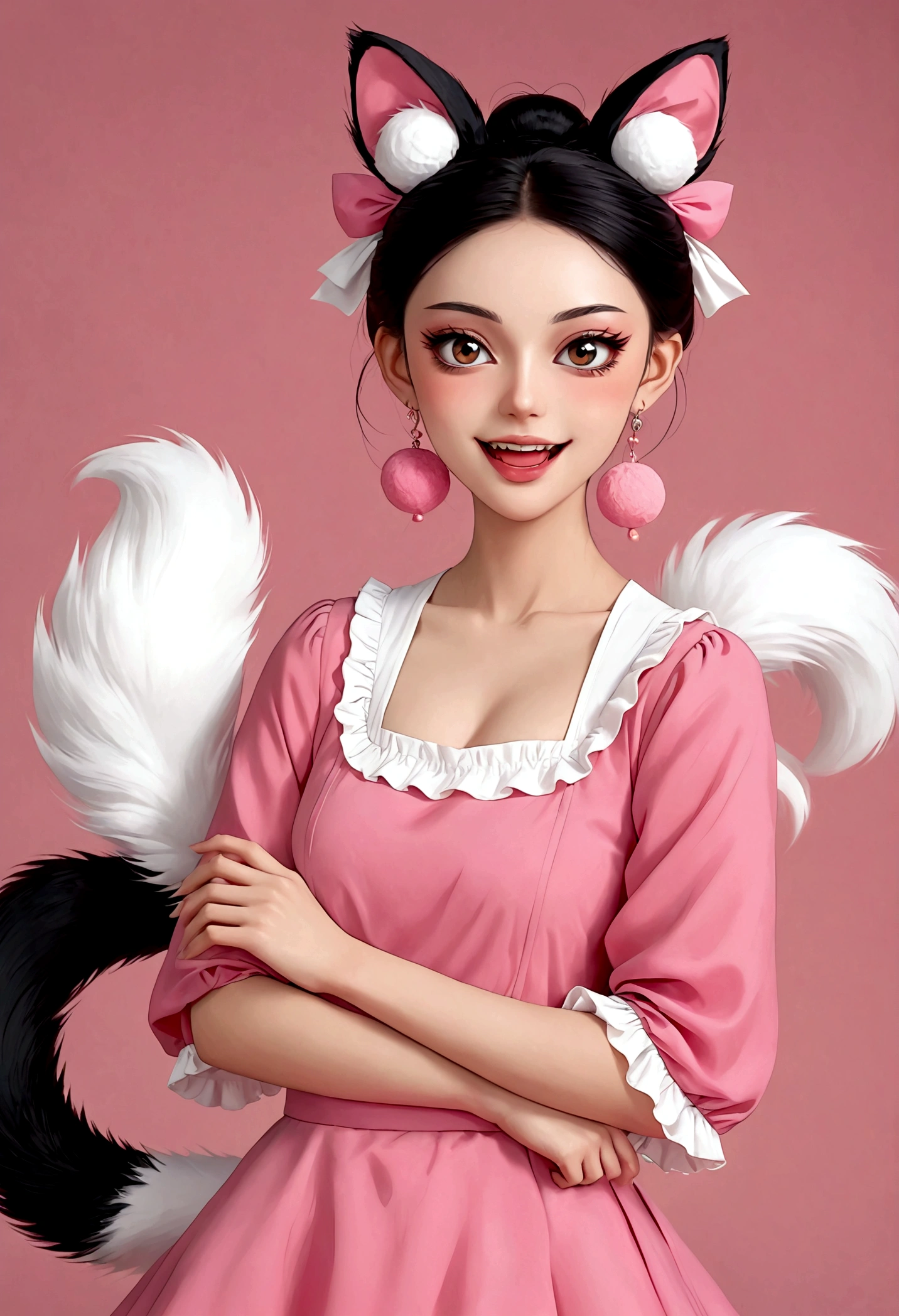 Beautiful face，beautiful eyes，Pink Eyeshadow，laughing out loud，Fangs，(((Big fluffy tail)))，Black high bun，Forehead hair，Pink pompom earrings，Pink maid outfit，Reach out，Spells，